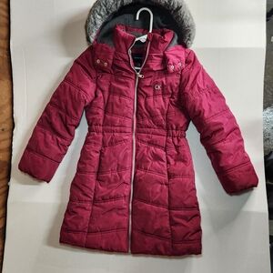 Calvin Klein Long Puffer Coat in Berry
